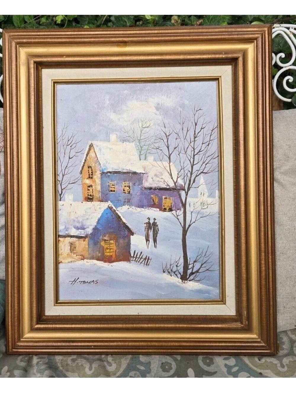 Vintage Rural Winter scene - Church OIL - H. THOMAS Framed 23x19" Art Is 18x14"